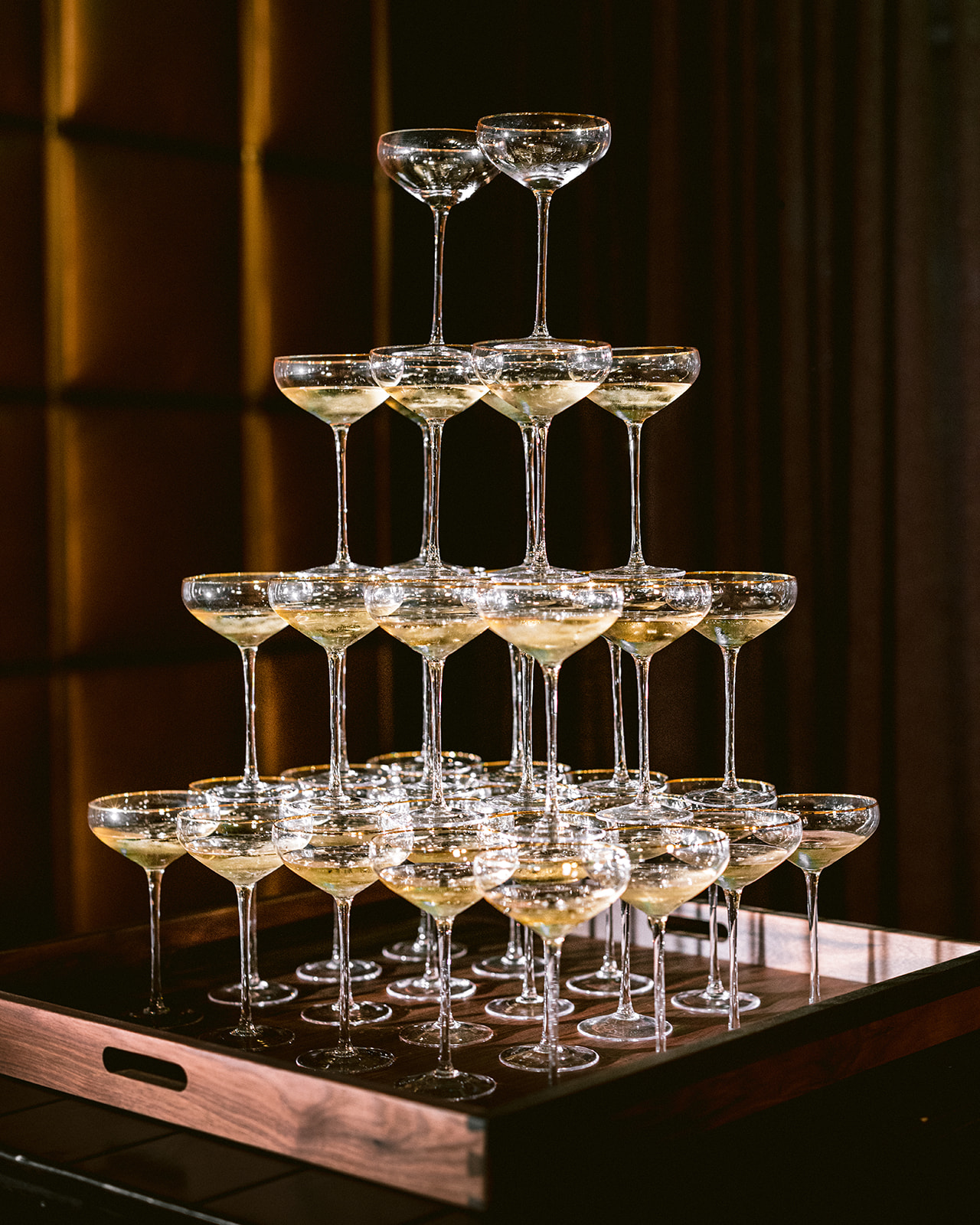 A champagne tower prepared for a Stirling Club wedding