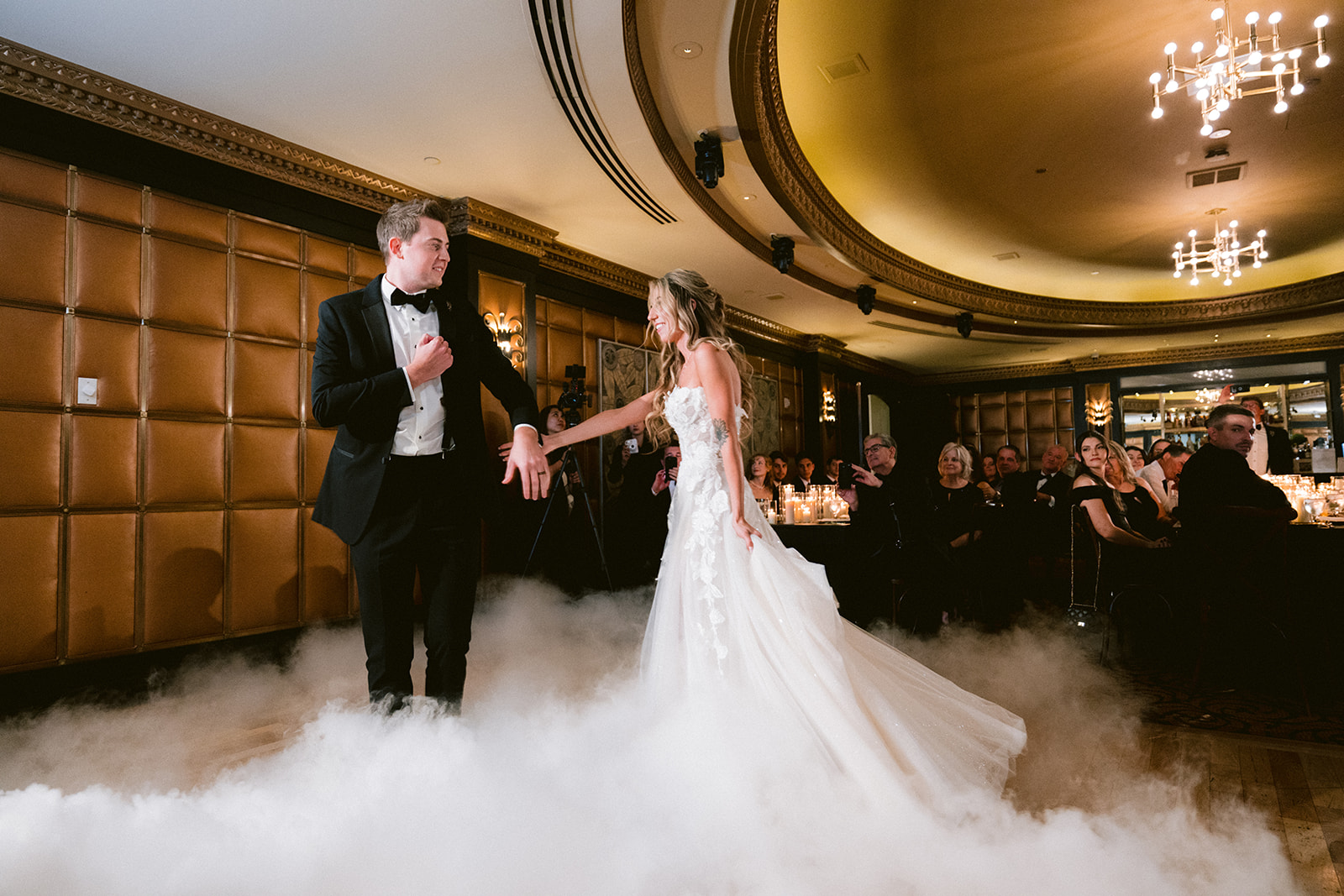 A bride and groom beginning their first dance in The Stirling Club